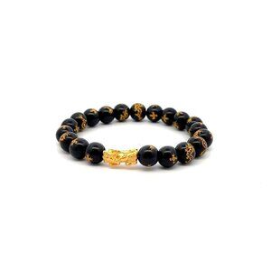 24K Gold Piyao Pixiu Lucky Charm Bracelet Gemstones Black Agate 7.5mm
